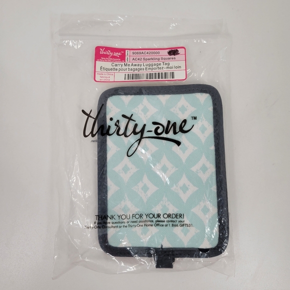 Thirty One 31 Carry Me Away Teal Blue Luggage Tag Sparkling Squares NEW - Picture 1 of 3